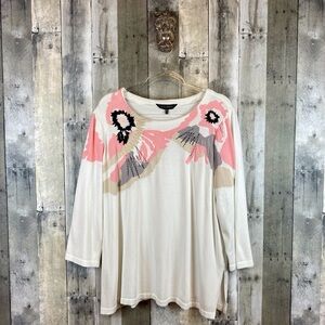 Ming Wang Abstract Floral Knit Sweater in White Pink Multi Size Extra Large.